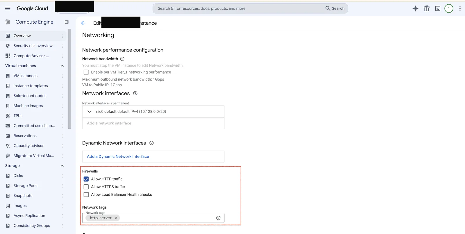 VM 편집 화면의 Allow HTTP traffic 체크박스와 http-server 네트워크 태그
