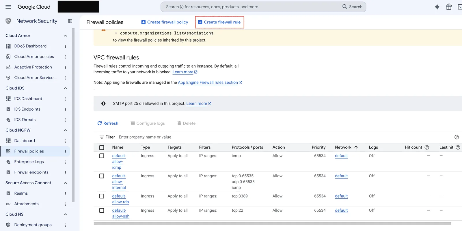 Firewall policies 목록, HTTP 규칙 생성 전 기본 규칙만 존재