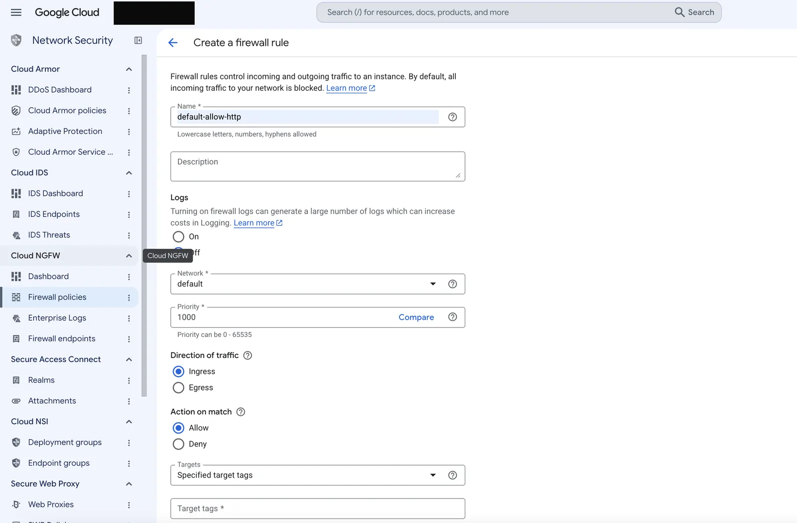 Create a firewall rule 폼, 이름을 default-allow-http로 설정