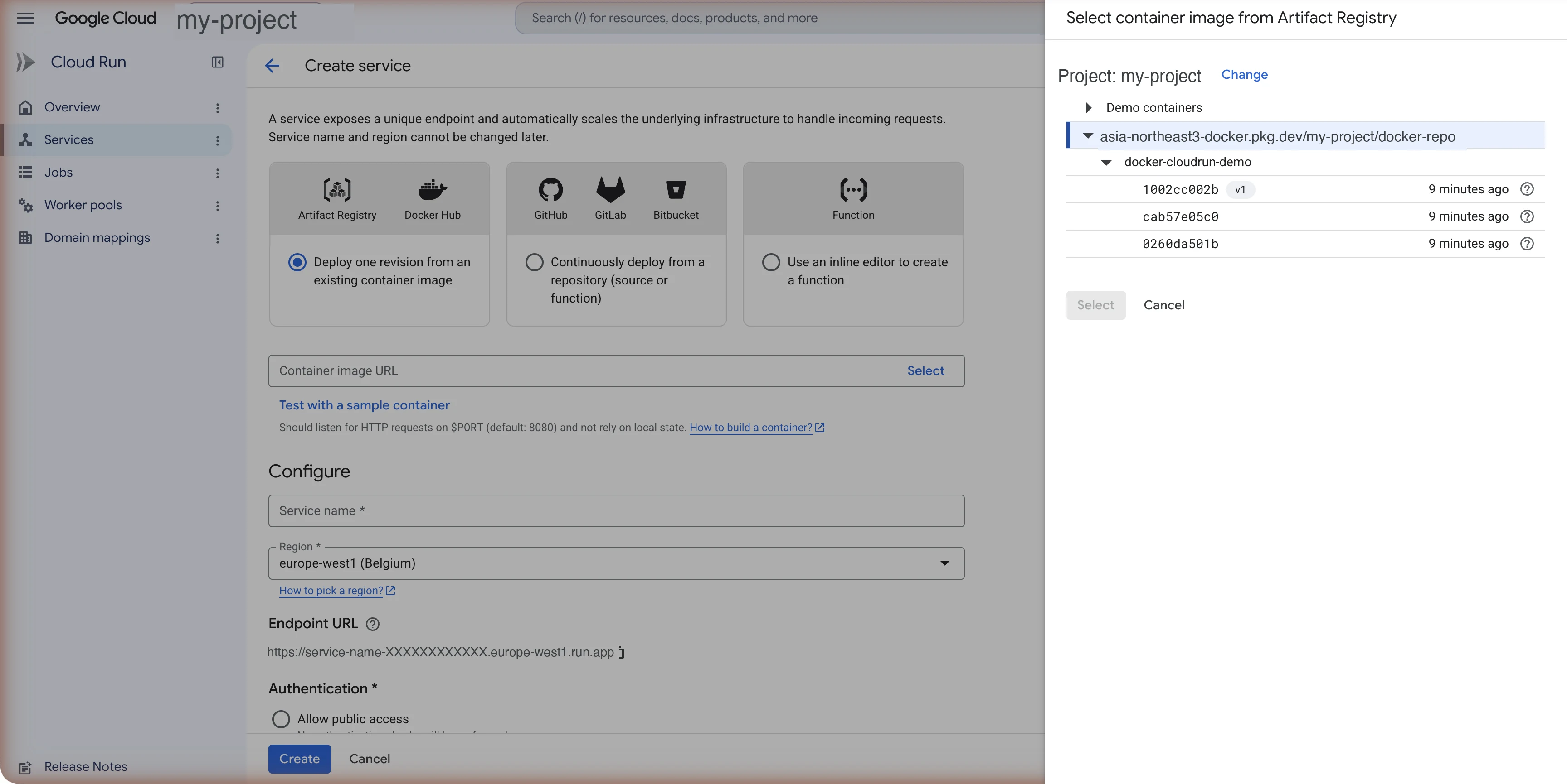 docker-cloudrun-demo 이미지의 v1 태그를 선택한 화면